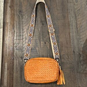 Ah Dorned Woven Brown Camel Crossbody Purse Wide Strap Boho Vegan Leather